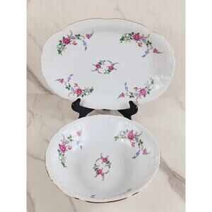 Royal Kent Poland Serving Oval Platter 13" Round Salad Bowl 9" Porcelain x2 Vtg